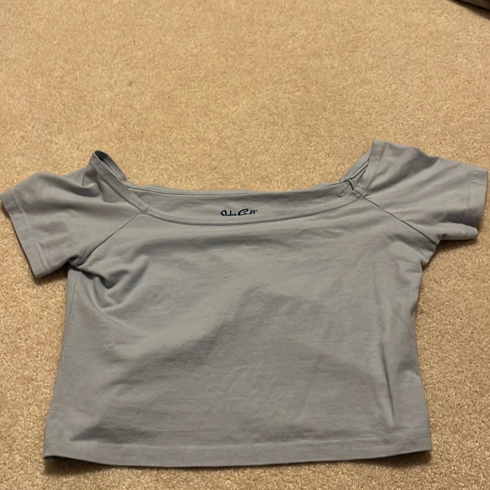 light blue off shoulder crop top